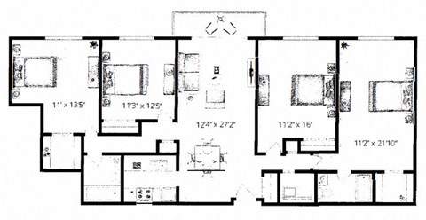 Floor plan for 4 beds, 2 baths, 1350 sqft